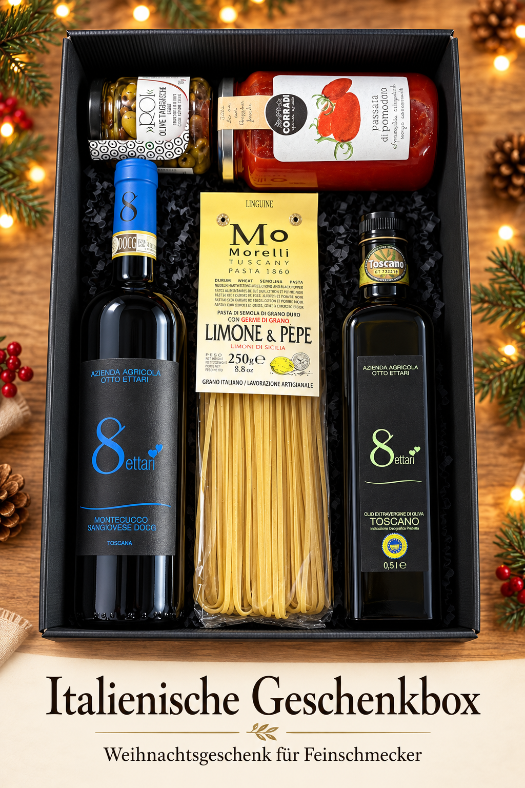 Italienische Geschenkbox Weihnachten, Pasta, Wein & Feinkost, 5 Produkte