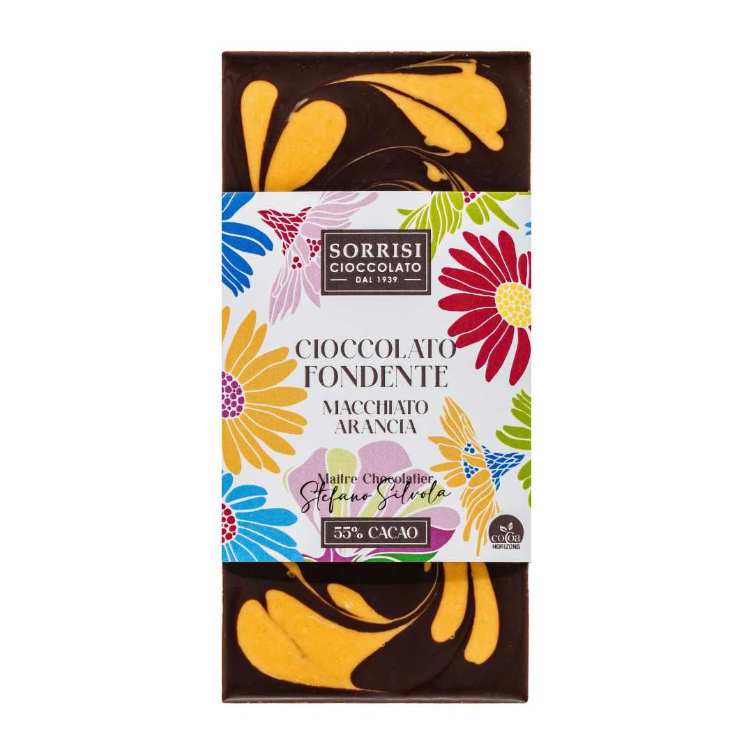 Dunkle Schokolade mit Orangen-Swirls aus Turin, Sorrisi, 80 g